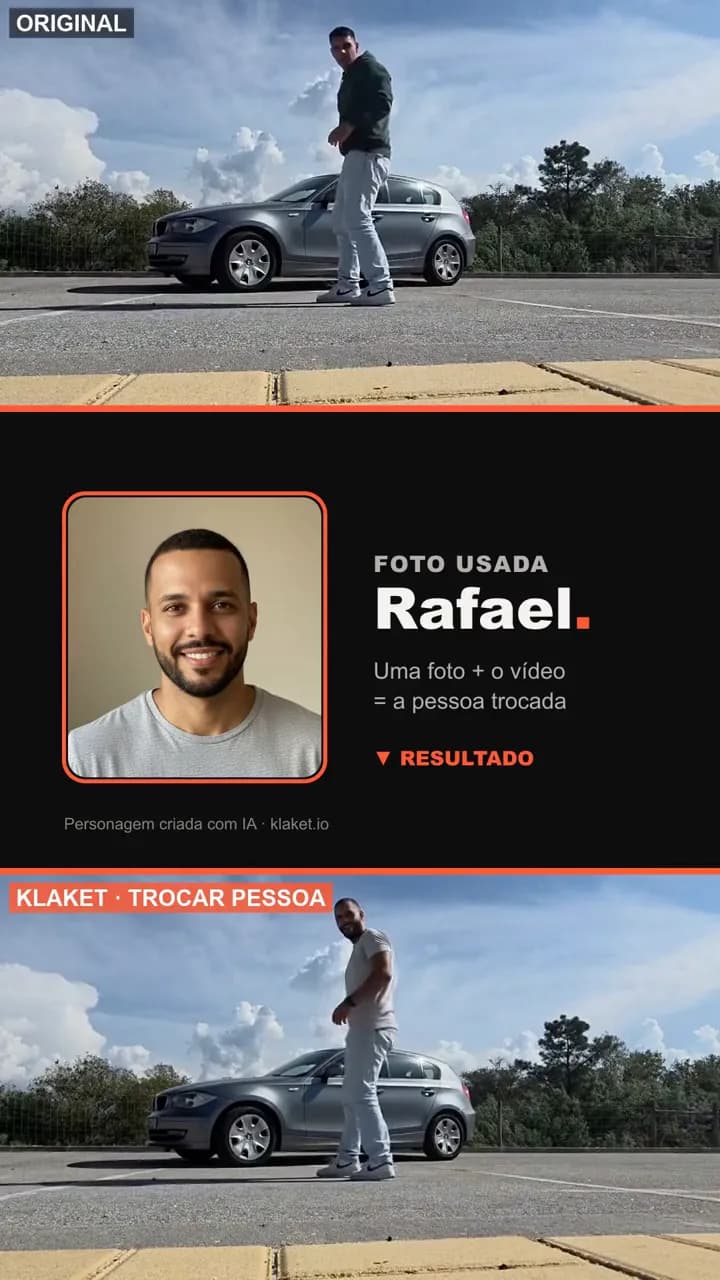 La vidéo originale, la photo utilisée (Rafael, un personnage créé par IA) et le résultat, avec la personne remplacée