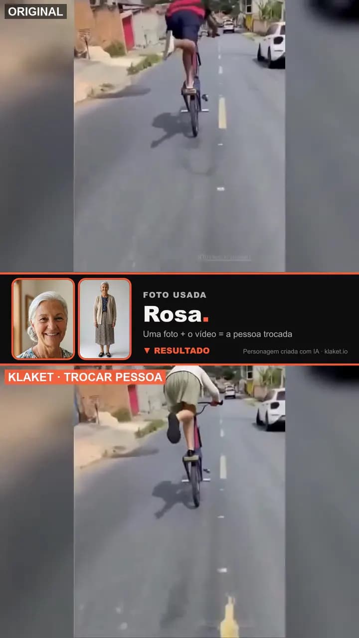 La vidéo originale d'un cycliste qui fait des acrobaties (visage flouté), les photos utilisées (Rosa, un personnage créé par IA) et le résultat, avec Rosa qui fait les mêmes acrobaties