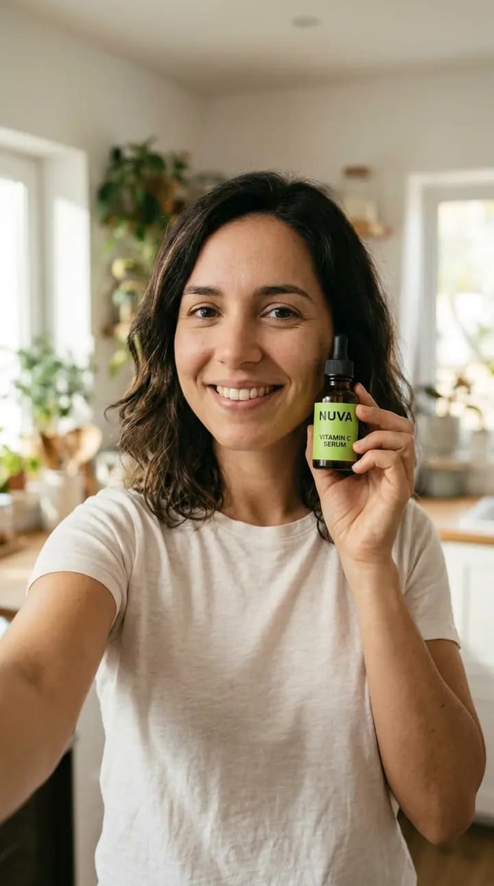 Sofia holding the NUVA serum next to her face in a kitchen, in a photo made by Klaket